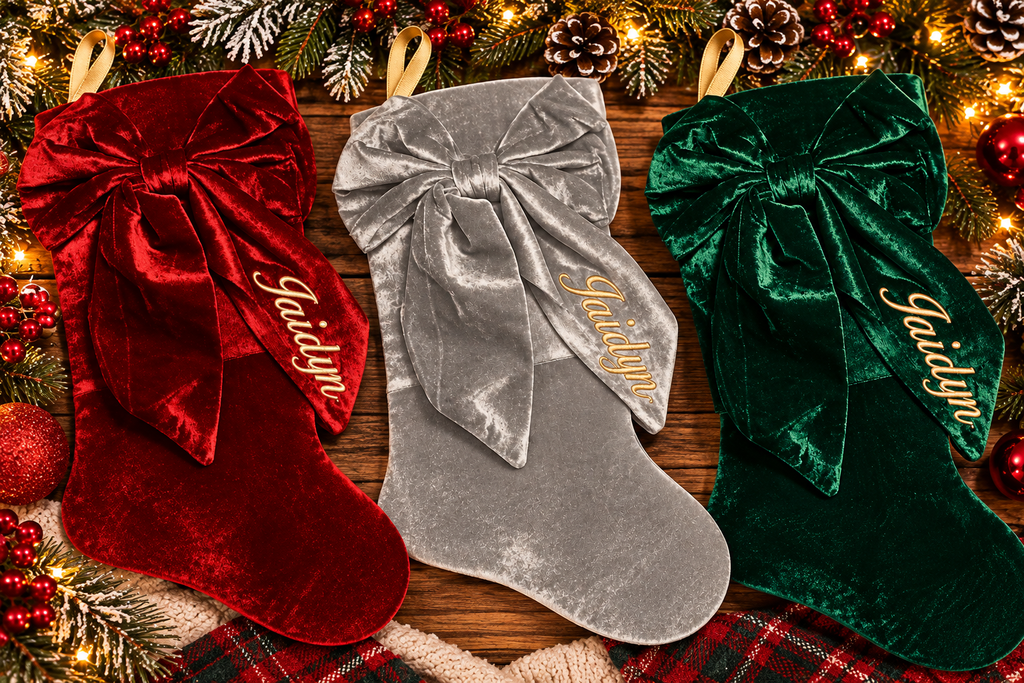 Personalized Velvet Bow Christmas Stocking with Embroidered Name