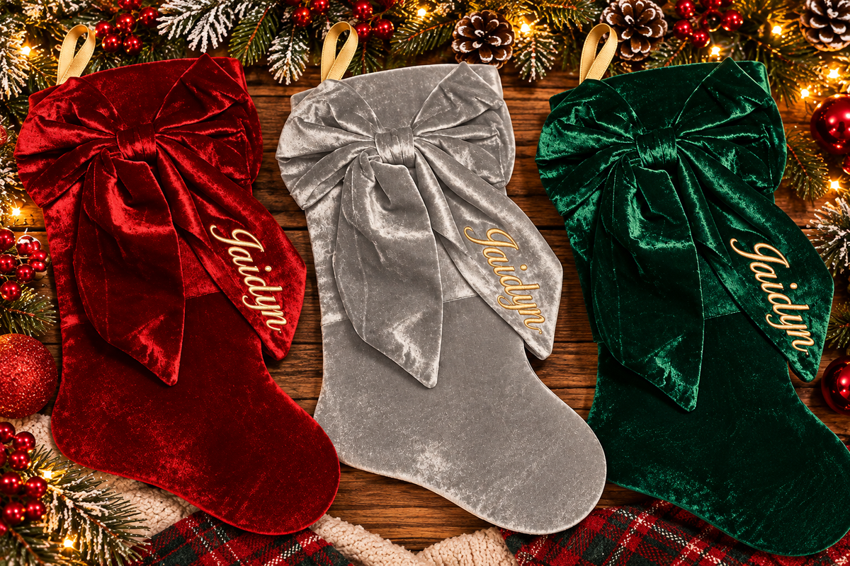Personalized Velvet Bow Christmas Stocking with Embroidered Name