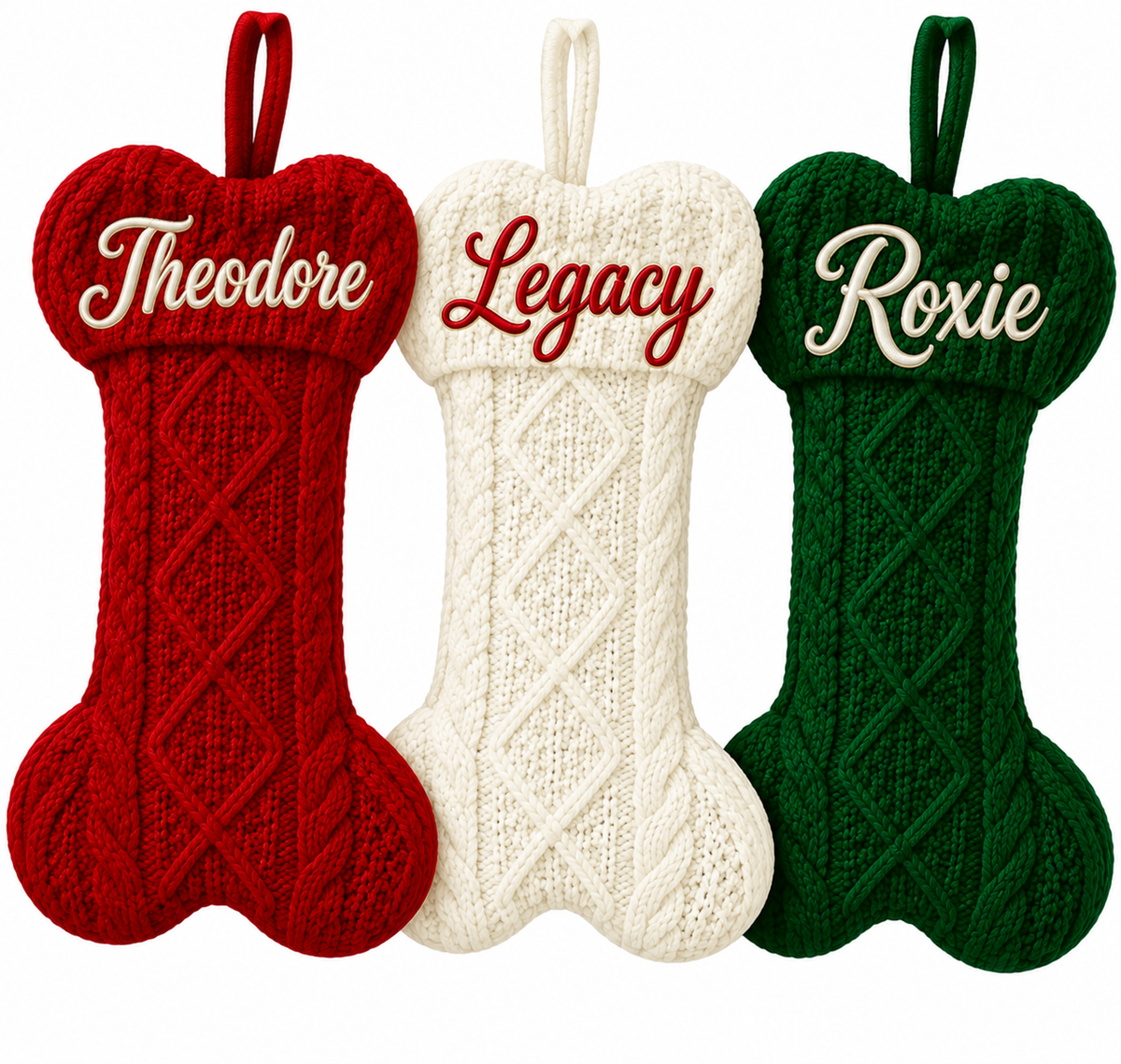 Personalized Knit Dog Bone Christmas Stocking with Embroidered Name