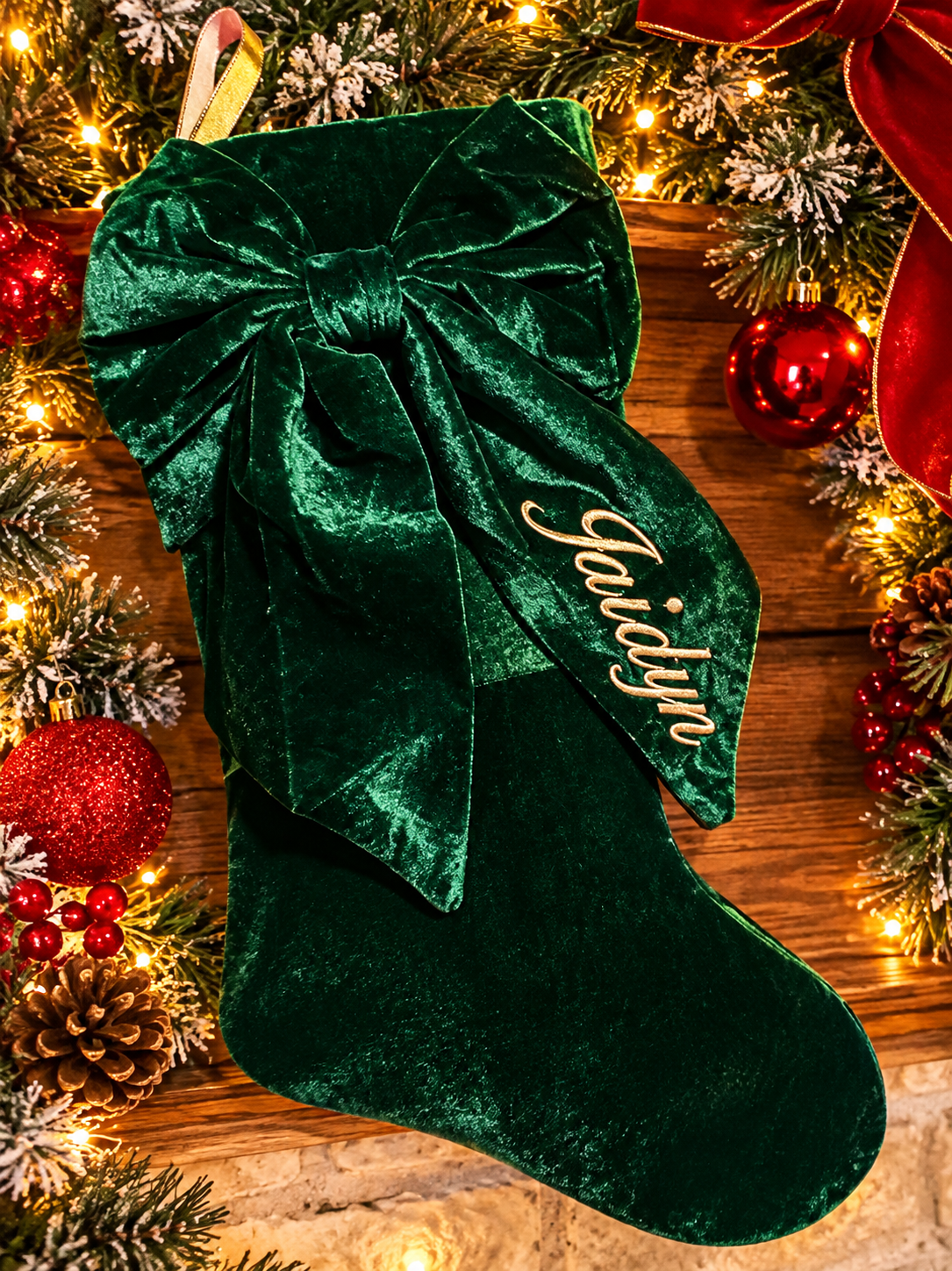 Personalized Velvet Bow Christmas Stocking with Embroidered Name
