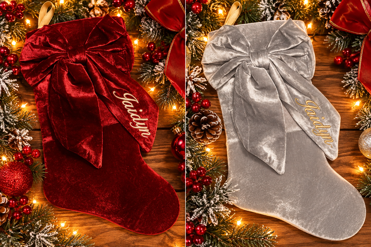 Personalized Velvet Bow Christmas Stocking with Embroidered Name