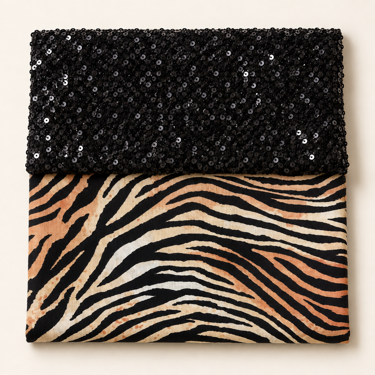 Black sequins paired with the supplied cream and tan tiger stripe fabric — styled swatch preview