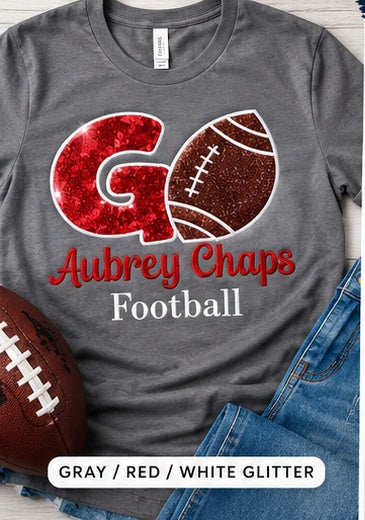 Gray Aubrey Chaps women’s shirt with red glitter G and glitter football appliqué