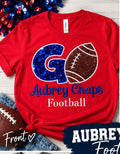 Aubrey Chaps red women’s shirt with blue sequin G and glitter football appliqué