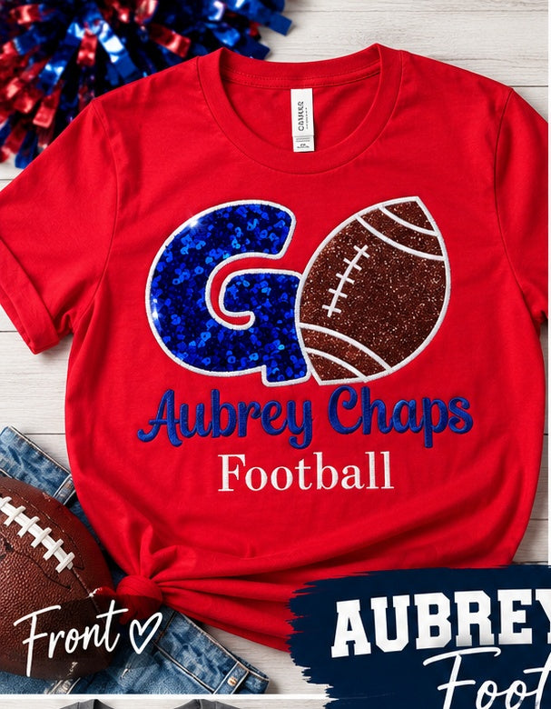 Aubrey Chaps red women’s shirt with blue sequin G and glitter football appliqué