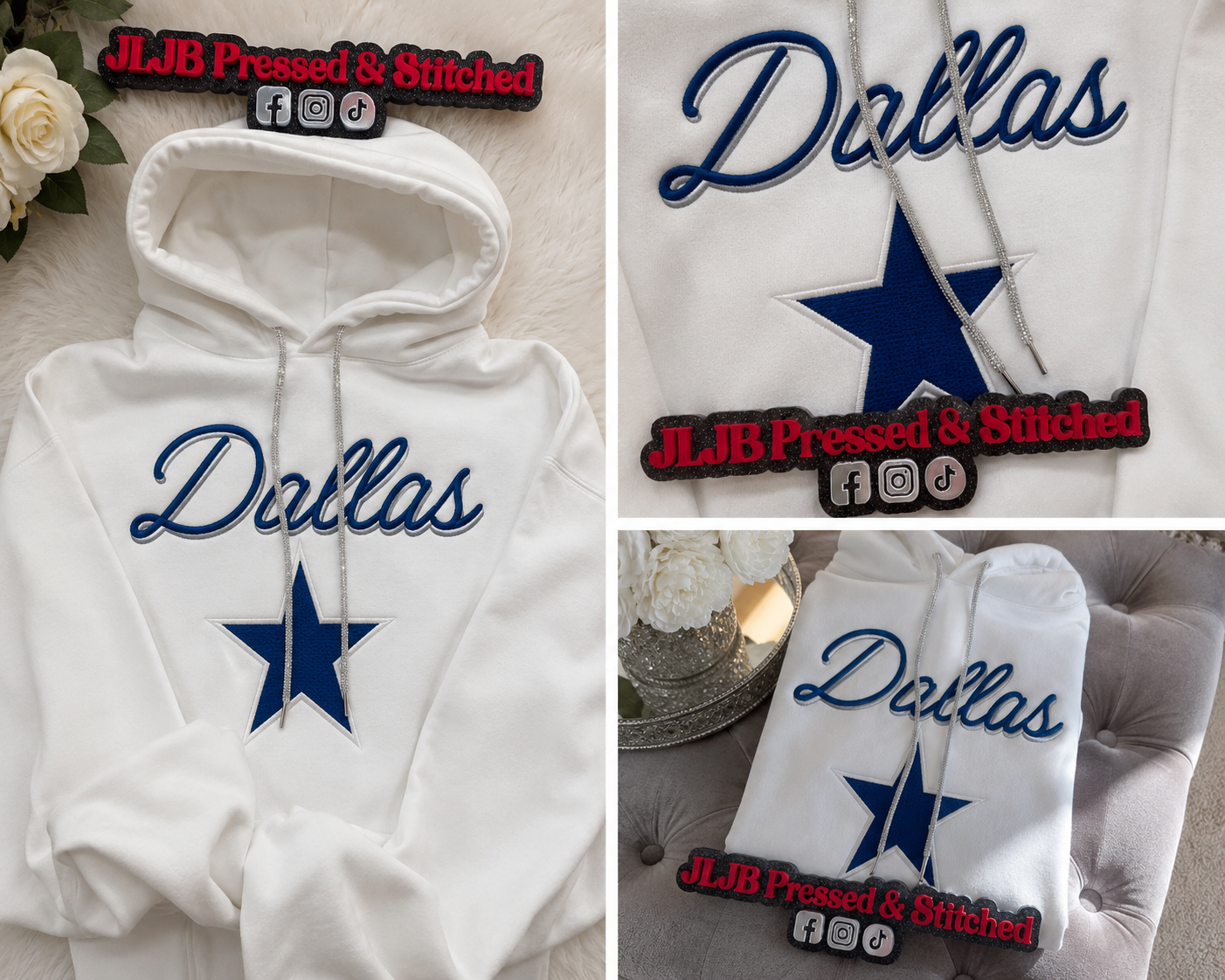 Dallas Star 3D Puff Embroidered Hoodie | Custom Script Name Sweatshirt | Rhinestone Drawstring Game Day Hoodie | Football Fan Gift