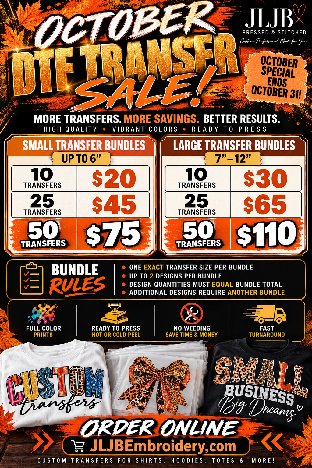 October DTF Transfer Sale – Custom Ready-to-Press Transfer Bundles