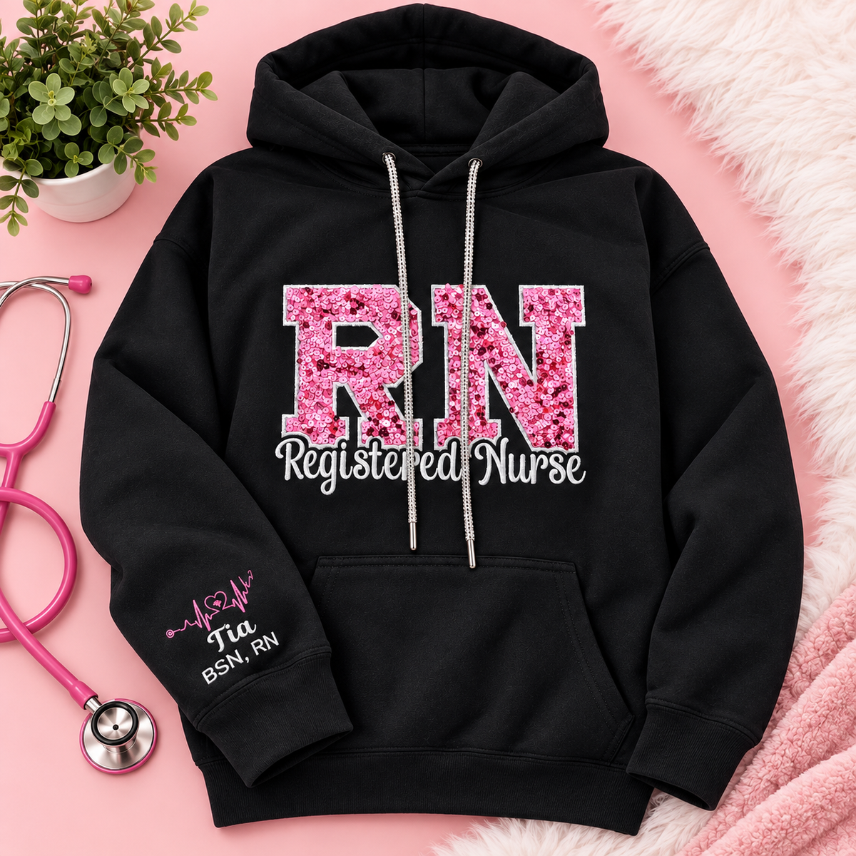 Personalized RN Sequin Hoodie – Custom Nurse Graduation Gift