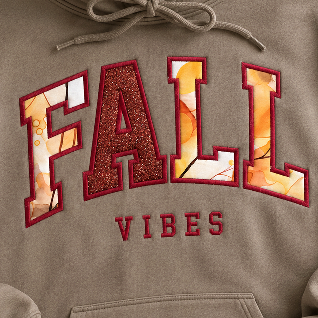 Close-up of Fall Vibes fabric applique and embroidery