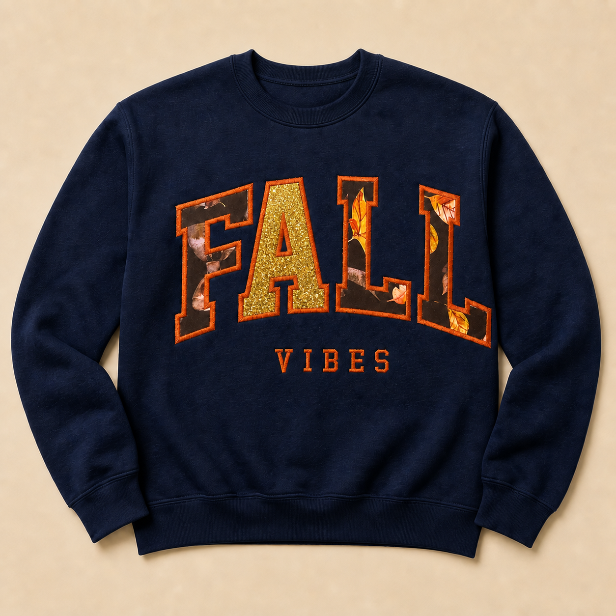 Fall Vibes embroidered navy sweatshirt with gold glitter A