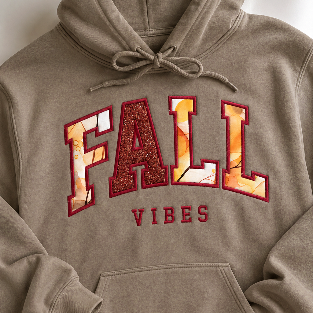 Fall Vibes embroidered applique hoodie in taupe