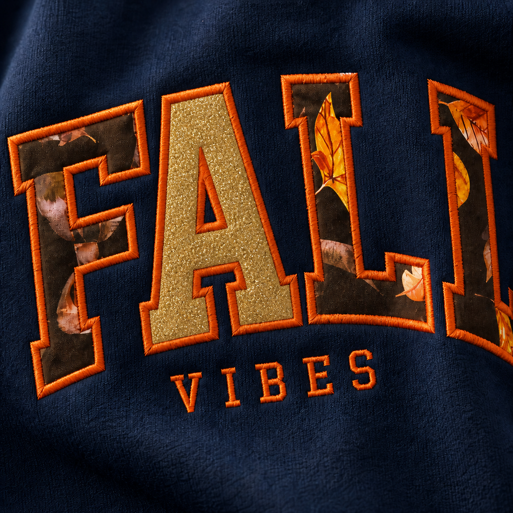Close-up of Fall Vibes embroidery and gold glitter appliqué