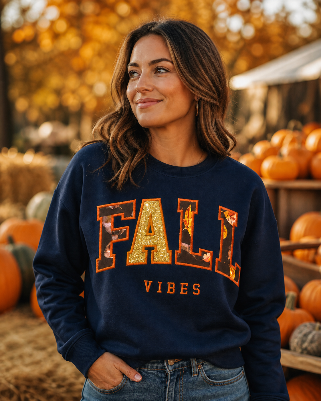 Woman wearing Fall Vibes navy sweatshirt at a pumpkin patch