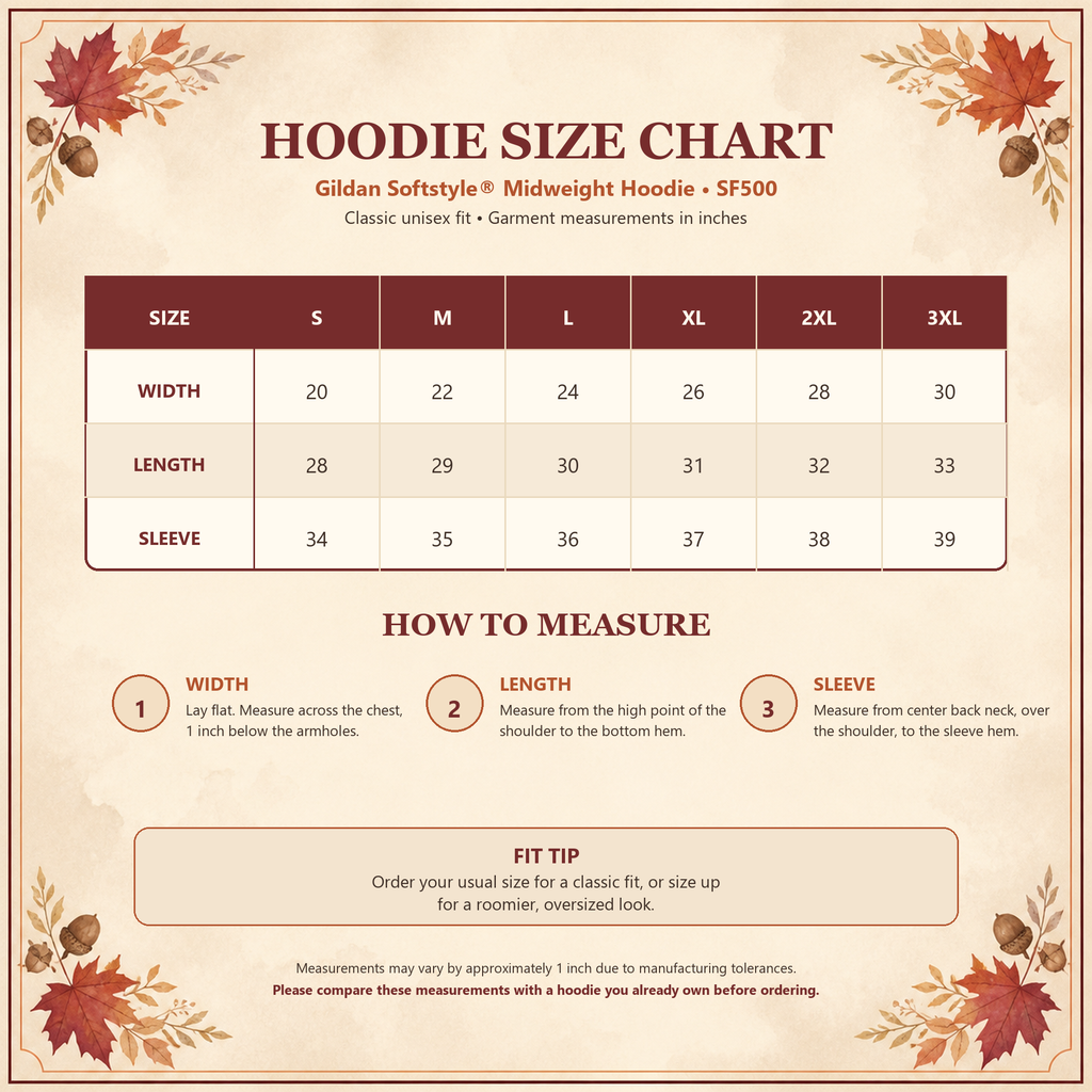Gildan Softstyle SF500 hoodie size chart S through 3XL