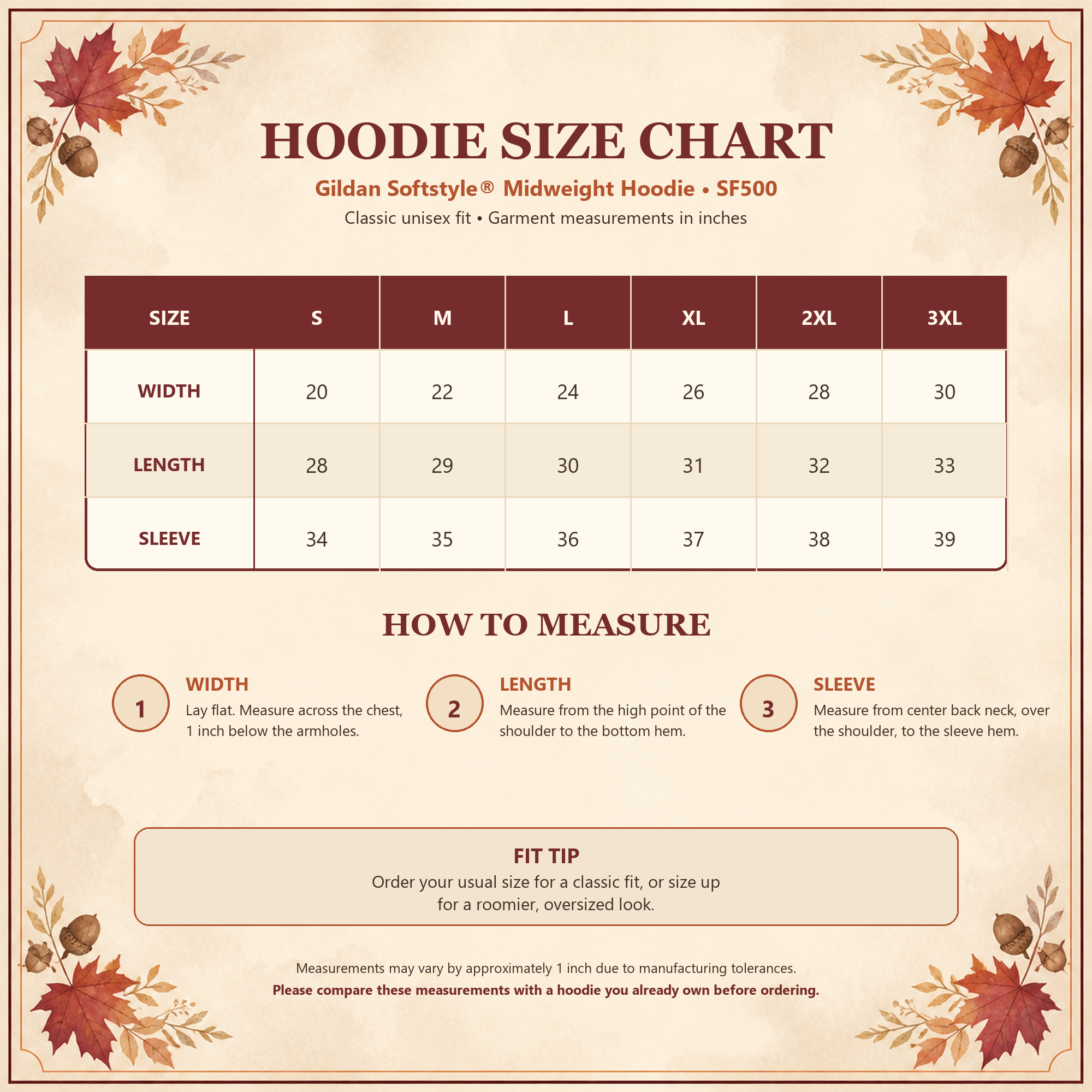 Gildan Softstyle SF500 hoodie size chart S through 3XL