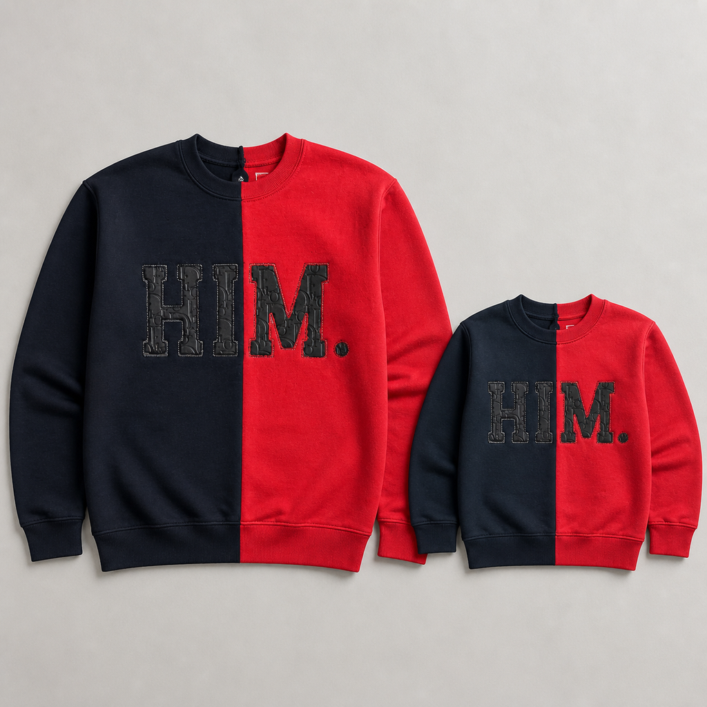 Matching HIM two-tone sweatshirts in adult and kids sizes