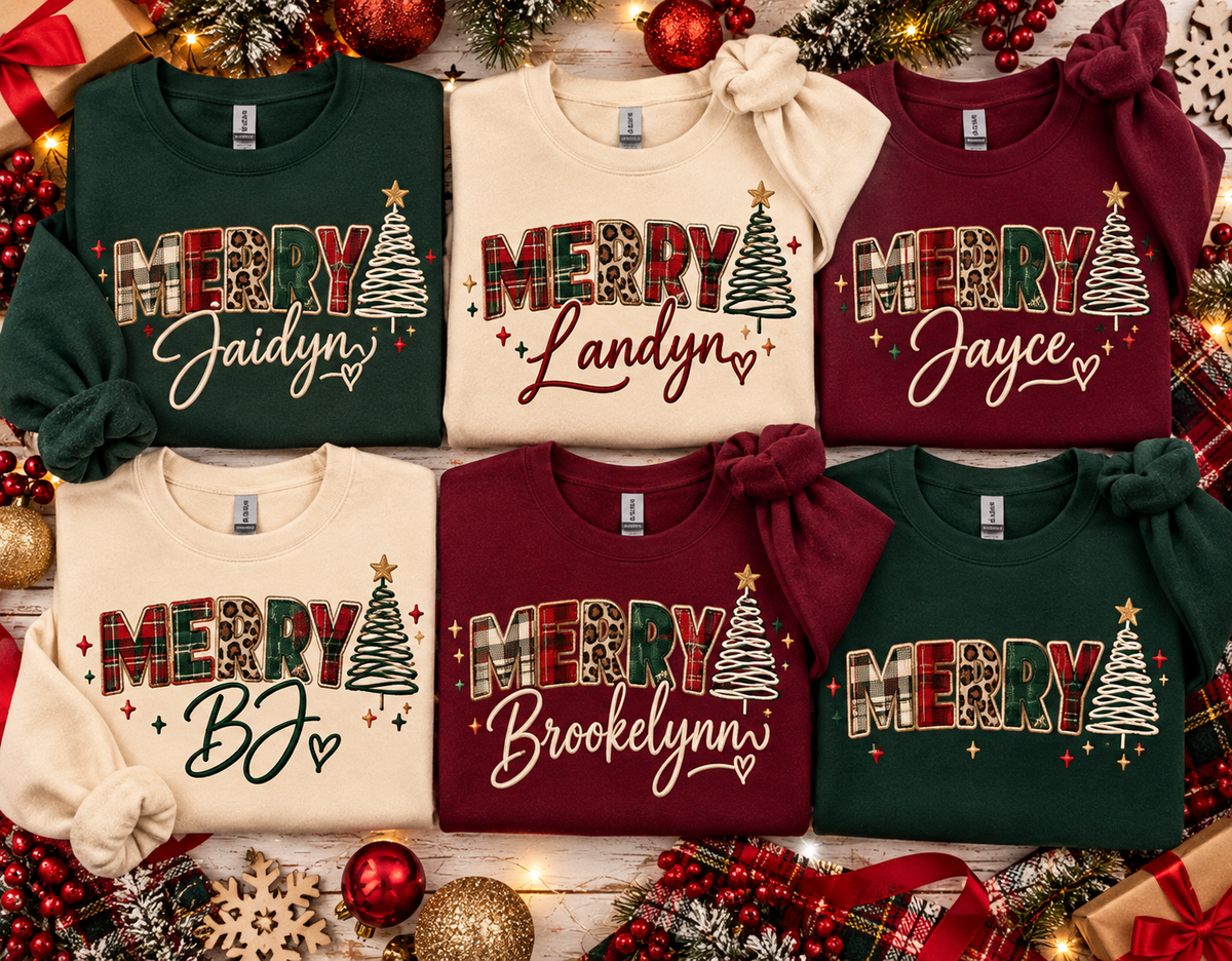 Merry Christmas name design mockup; fabric and stitching are printed effects