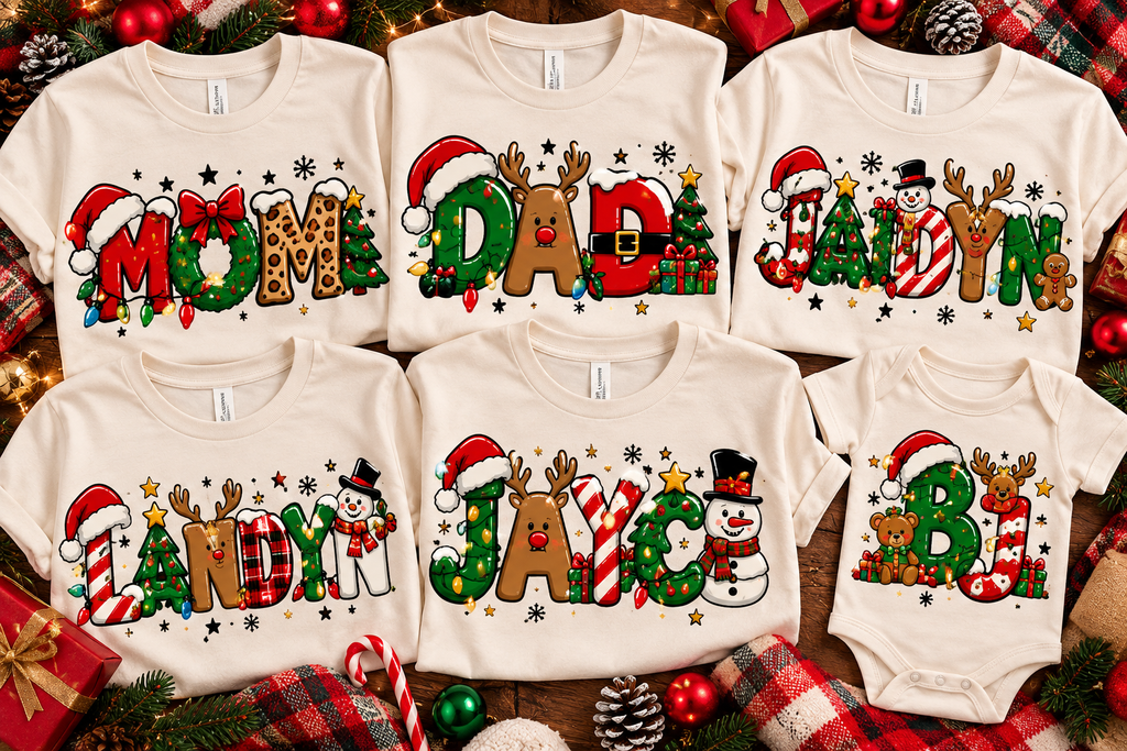 Christmas name-letter family design with coordinating baby bodysuit