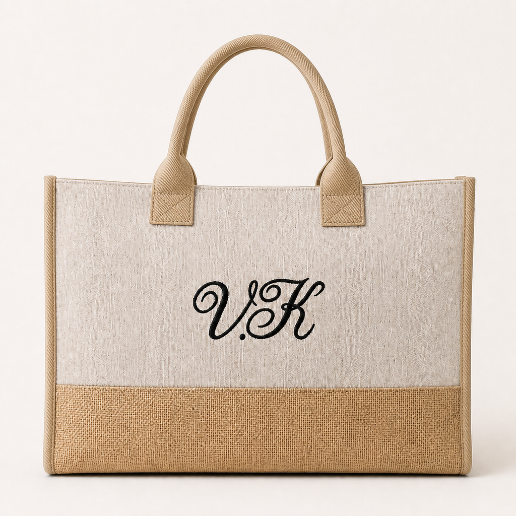 Personalized monogram jute tote with beige trim