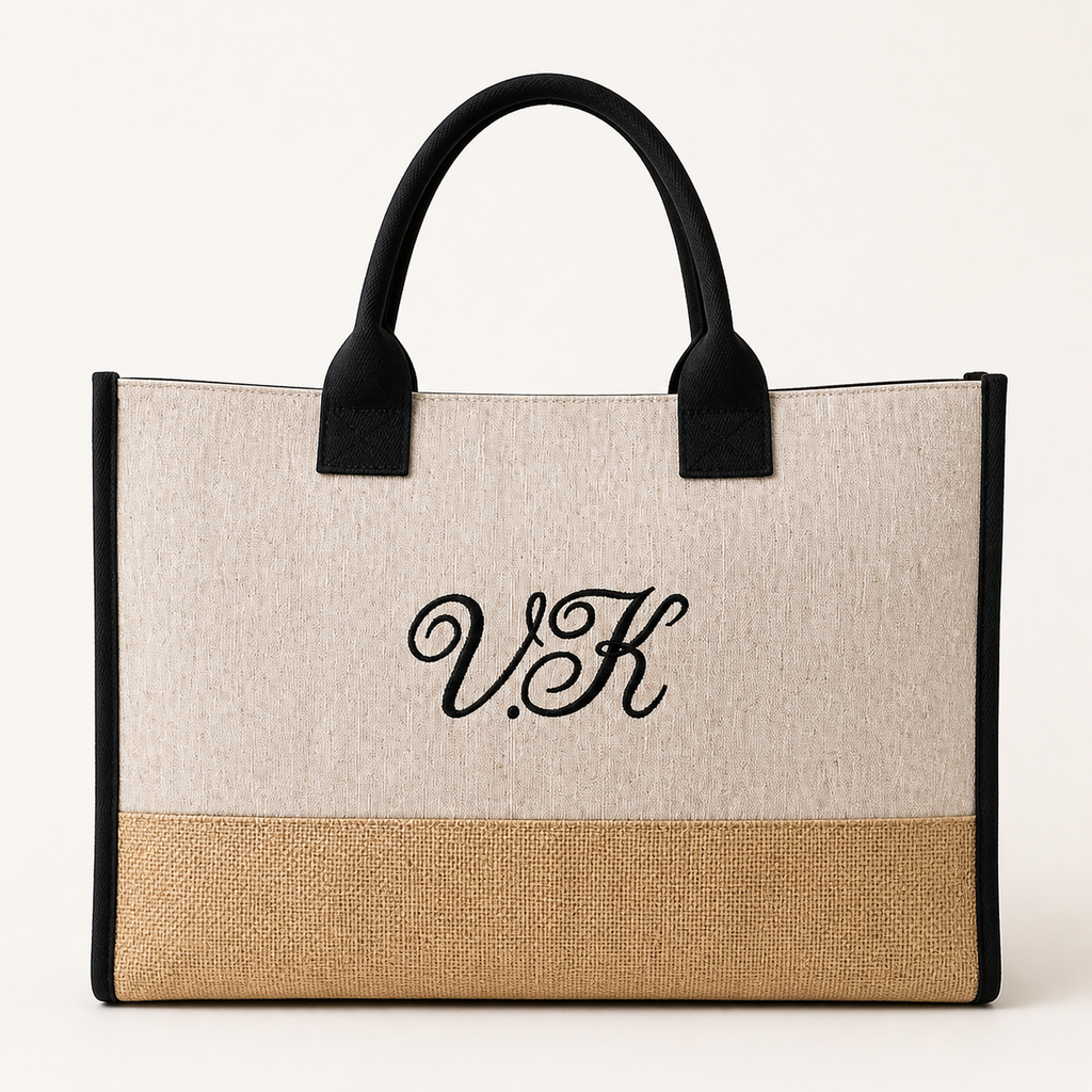 Personalized monogram jute tote with black trim