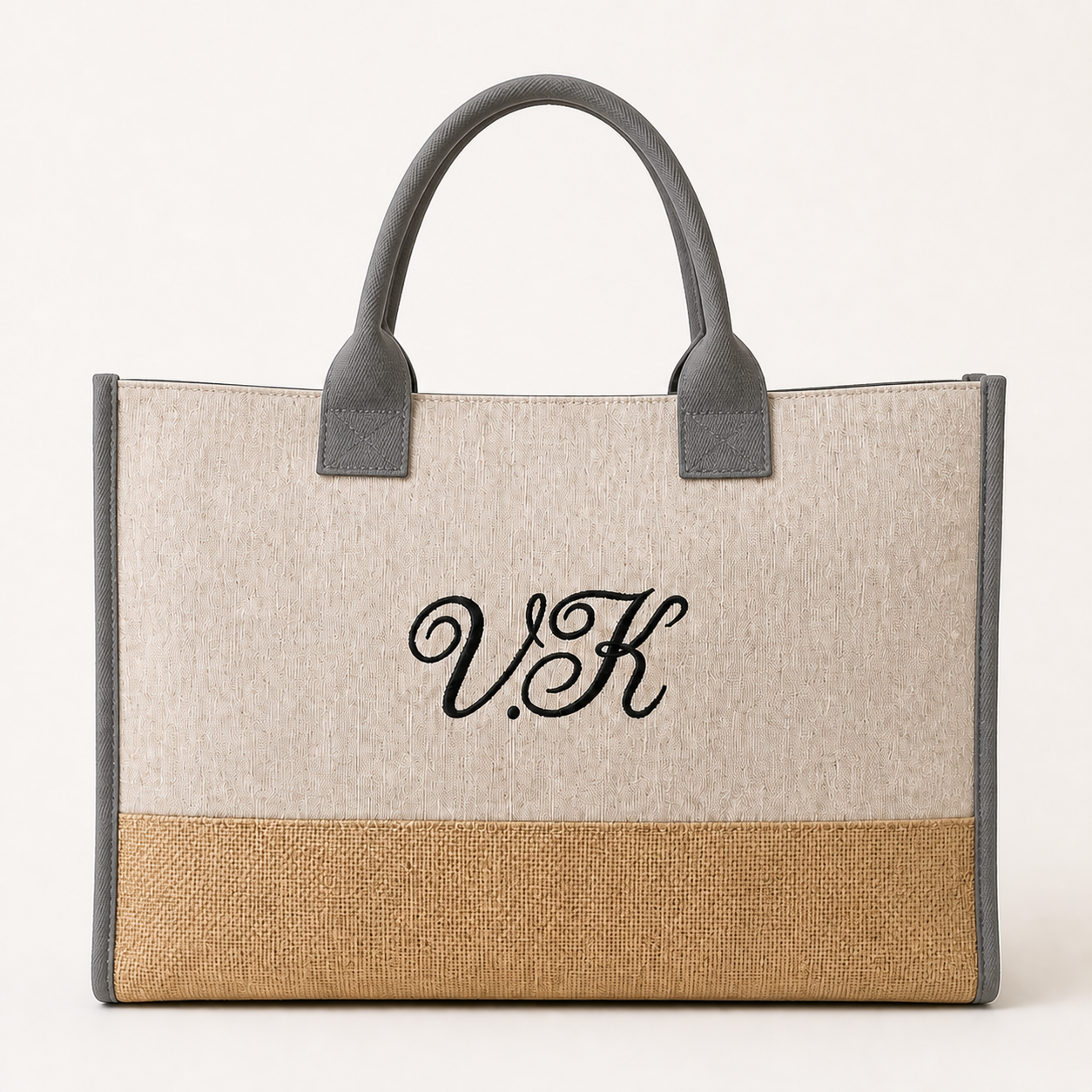 Personalized monogram jute tote with gray trim