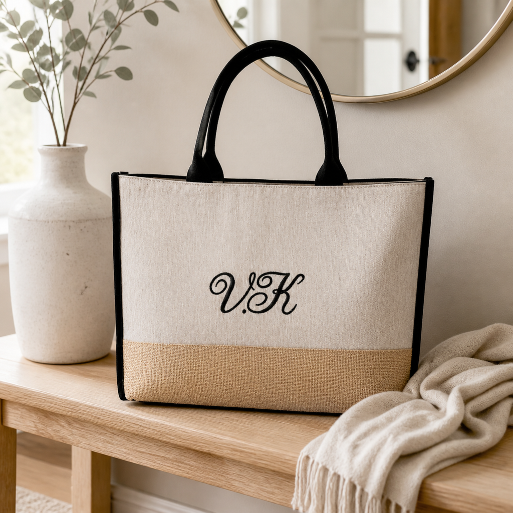 Personalized monogram jute tote in a neutral lifestyle setting