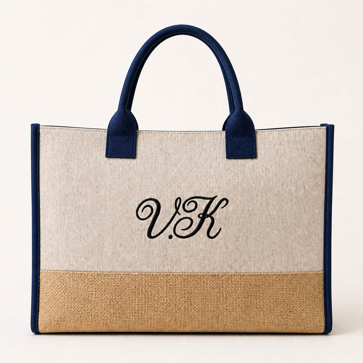 Personalized monogram jute tote with navy trim