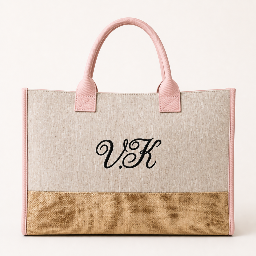 Personalized monogram jute tote with pink trim