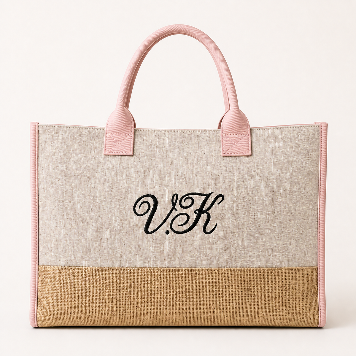 Personalized monogram jute tote with pink trim