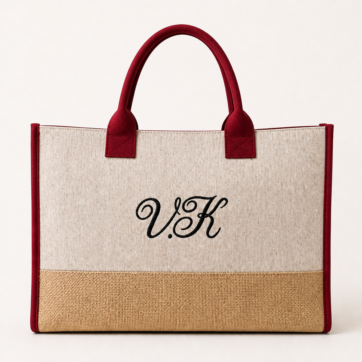 Personalized monogram jute tote with red trim