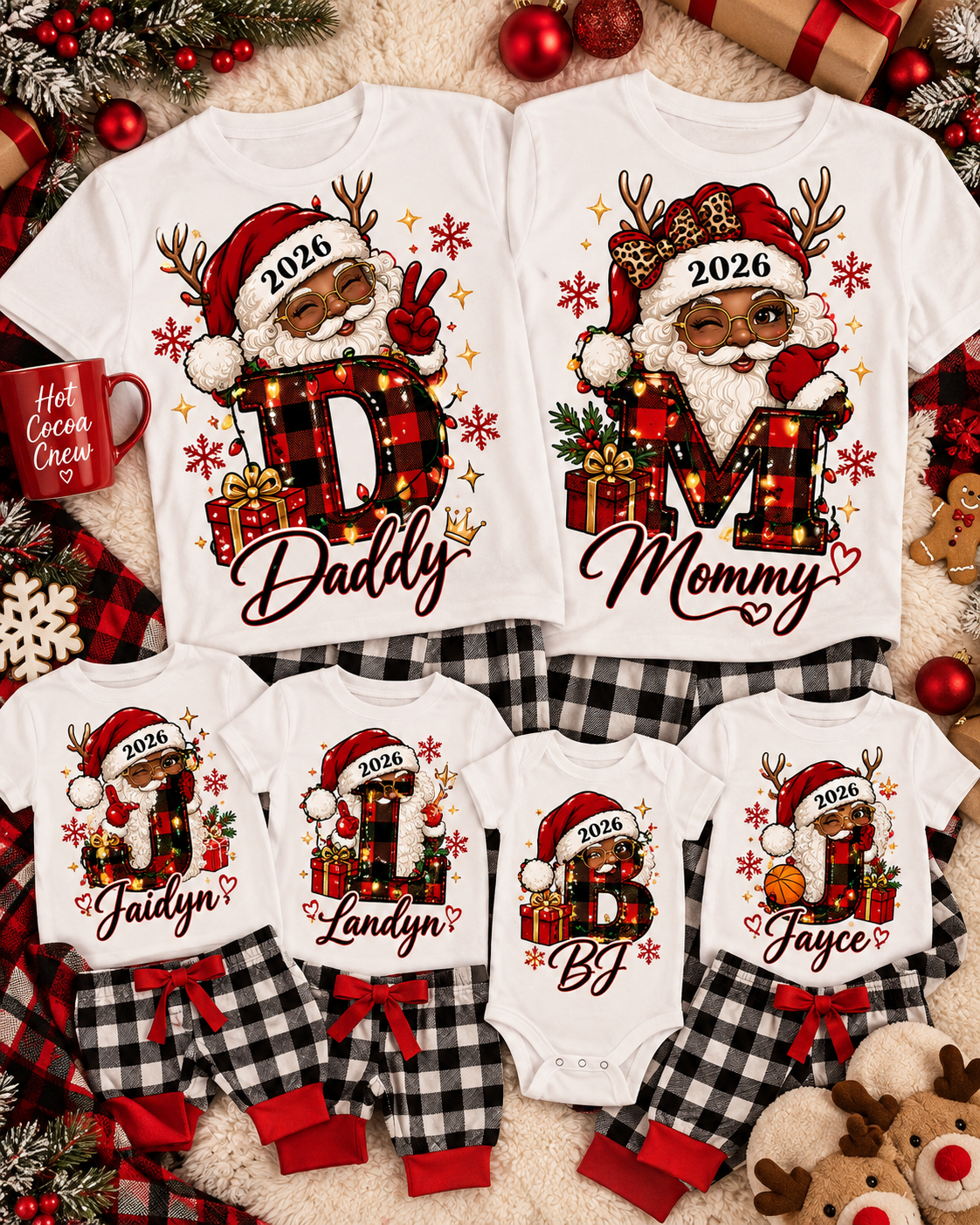 Santa initial and name family design with coordinating baby bodysuit
