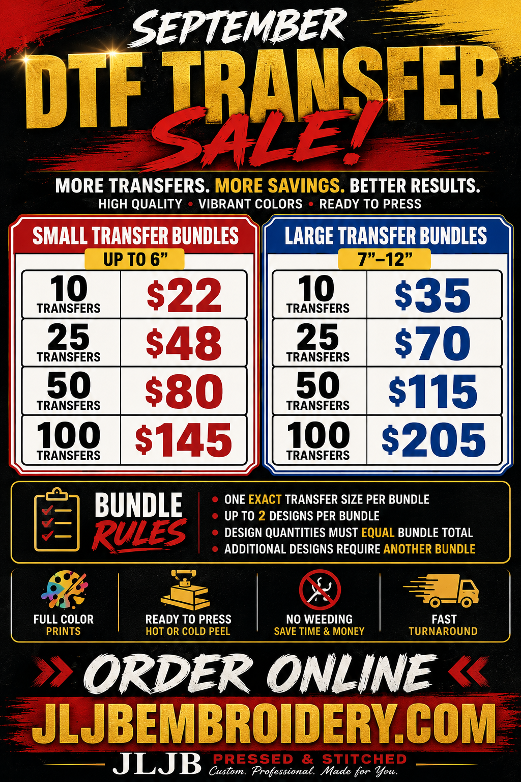 September DTF Transfer Sale bundle prices for small and large ready-to-press transfers